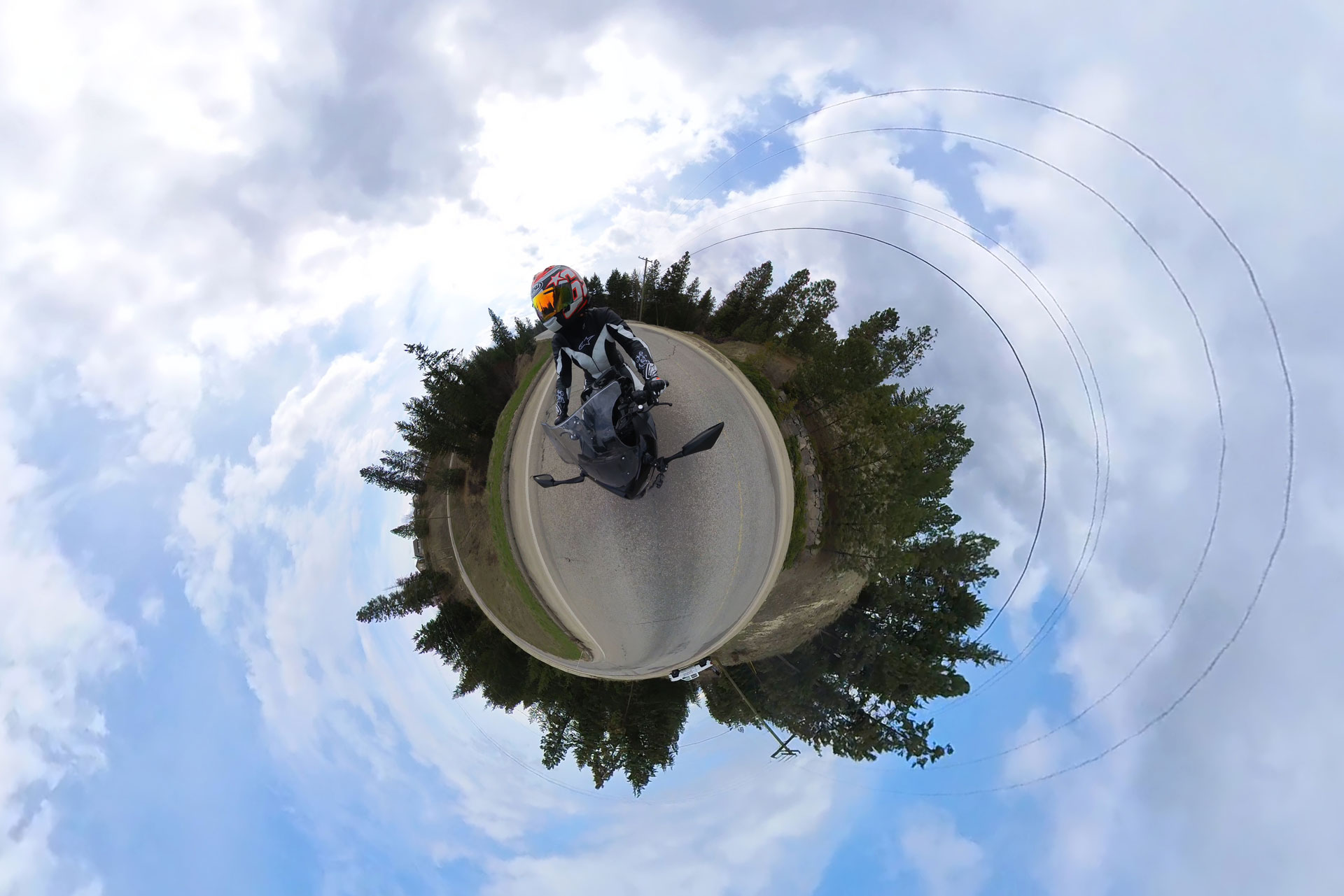 Insta360 planet image of a rider