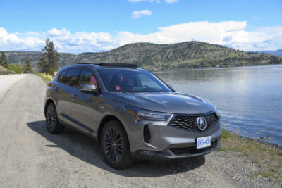 2023 Acura RDX A-Spec parked on the shore of Okanagan Lake, BC.